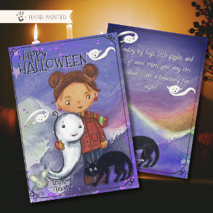 Schattig Meisje, Geest, & Zwarte Kat Kids Spookt Feestdagenkaart