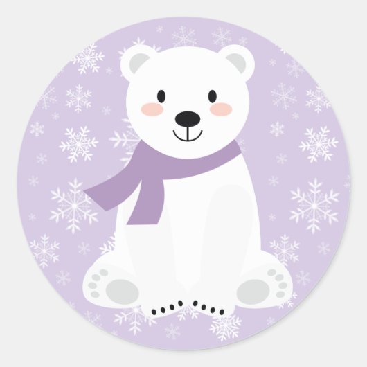 Schattig Meisje Ijsbeer Winter Sneeuwvlok Paars Ronde Sticker (Voorkant)