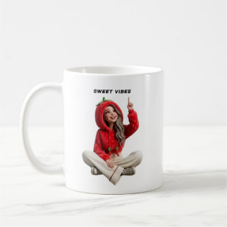 Schattig meisje in rode hoodie dat omhoog wijst Dr Koffiemok