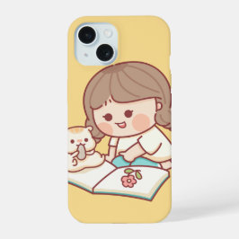 Schattig meisje leest met kat – Pastel esthetische iPhone 15 Case