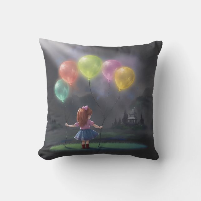 Schattig Meisje met Ballonnen Kussen (Voorkant)