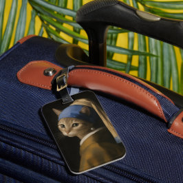 Schattig Meisje Met Een Parel Oorbel Kat Kunst Bagagelabel