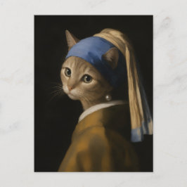 Schattig Meisje Met Een Parel Oorbel Kat Kunst Briefkaart