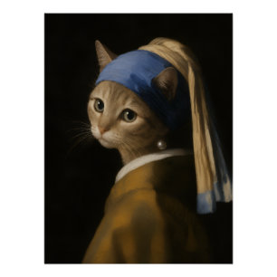Schattig Meisje Met Een Parel Oorbel Kat Kunst Perfect Poster