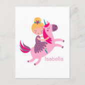 Schattig meisje met gele haren rijdt op een eenhoo briefkaart (Voorkant)