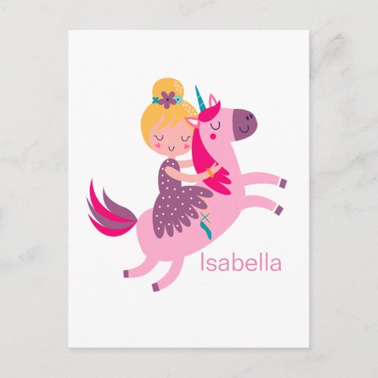 Schattig meisje met gele haren rijdt op een eenhoo briefkaart (Voorkant)