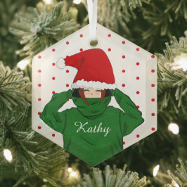 Schattig meisje met groene hoodie en kerstmuts Ker Glas Ornament