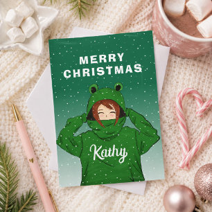 Schattig meisje met groene kikker hoodie tekening feestdagenkaart