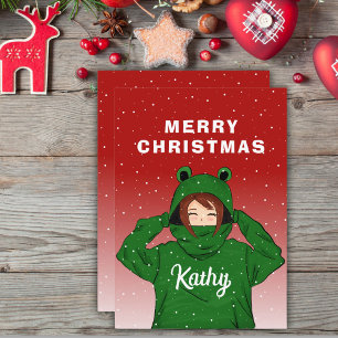 Schattig meisje met groene kikker hoodie tekening feestdagenkaart