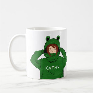 Schattig meisje met groene kikker hoodie tekening koffiemok