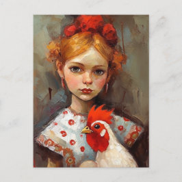 Schattig meisje met haar huisdier kip briefkaart