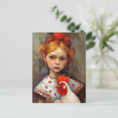 Schattig meisje met haar huisdier kip briefkaart (Staand voorkant)