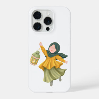 Schattig meisje met hoofddoek en lantaarnillustrat iPhone 15 pro case