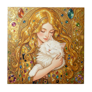 Schattig Meisje Met Kat Art Nouveau Gustav Klimt S Tegeltje