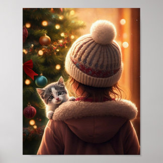 Schattig meisje met kerstboom en kitten poster