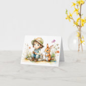 Schattig Meisje met Konijnen en Bloemen Blank Kaart (Gele Bloem)