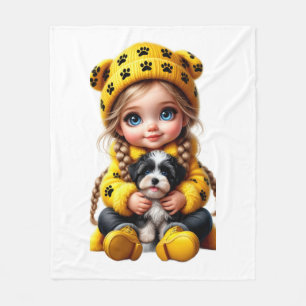 Schattig Meisje met Puppie Gele Dekent Fleece Deken