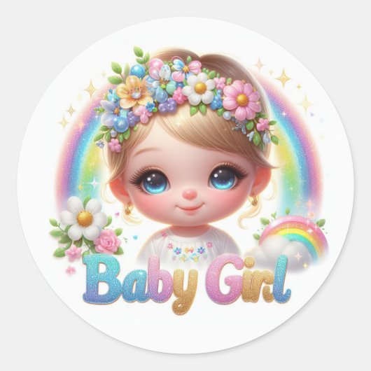 Schattig meisje met regenboog en bloemen ronde sticker (Voorkant)