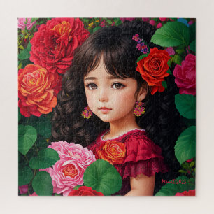 Schattig meisje met rode roze roos bloemen legpuzzel