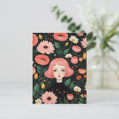Schattig Meisje Met Roze Haar In De Bloemen Briefkaart (Staand voorkant)
