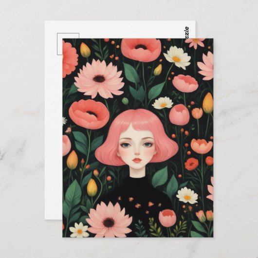 Schattig Meisje Met Roze Haar In De Bloemen Briefkaart (Voorkant / Achterkant)