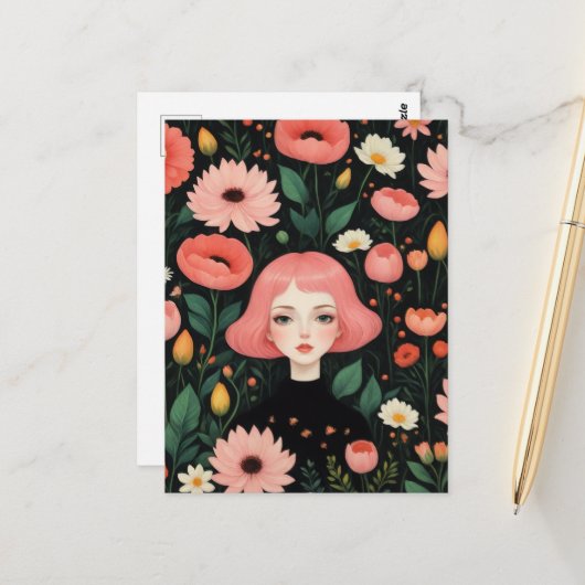 Schattig Meisje Met Roze Haar In De Bloemen Briefkaart (Voorkant / Achterkant in situ)
