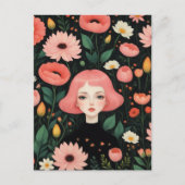 Schattig Meisje Met Roze Haar In De Bloemen Briefkaart (Voorkant)