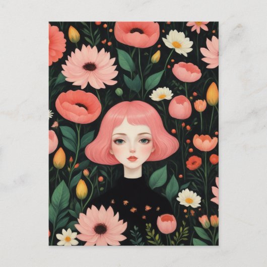 Schattig Meisje Met Roze Haar In De Bloemen Briefkaart (Voorkant)