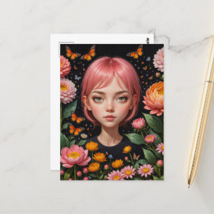 Schattig Meisje Met Roze Haar In De Bloemen Briefkaart