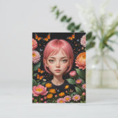 Schattig Meisje Met Roze Haar In De Bloemen Briefkaart (Staand voorkant)