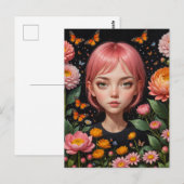 Schattig Meisje Met Roze Haar In De Bloemen Briefkaart (Voorkant / Achterkant)