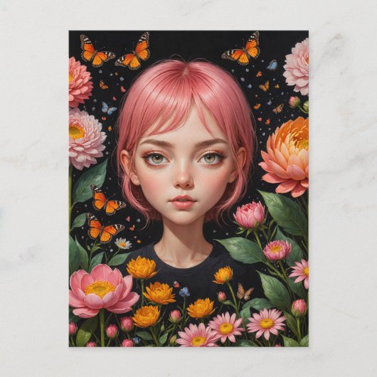 Schattig Meisje Met Roze Haar In De Bloemen Briefkaart (Voorkant)