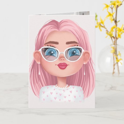 schattig meisje met roze haarverjaardag kaart (Gele Bloem)