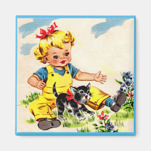 schattig meisje met schattig klein katje magneet