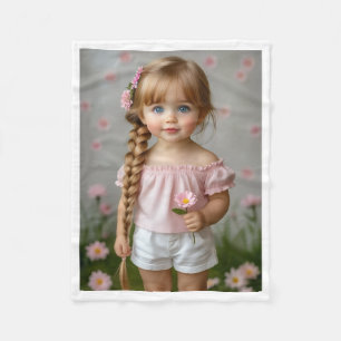 Schattig Meisje Met Vlecht Haar En Roze Bloem Fleece Deken