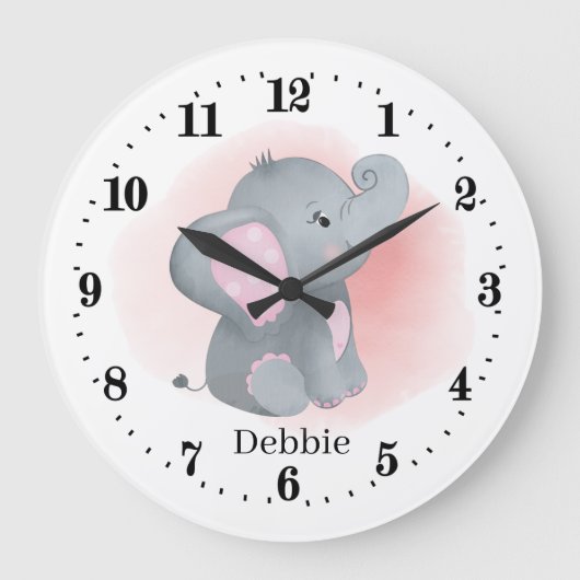 schattig meisje olifanten voegen naam toe grote klok (Voorkant)