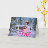Schattig meisje op een roze fiets Winter Kaart (Gele Bloem)