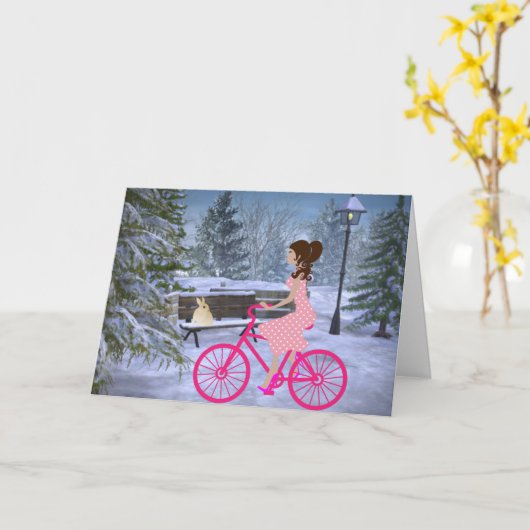 Schattig meisje op een roze fiets winter kaart (Gele Bloem)