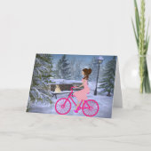 Schattig meisje op een roze fiets winter kaart (Voorkant)