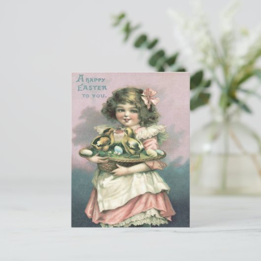 Schattig meisje paasmand chick gekleurd ei feestdagenkaart (Staand voorkant)