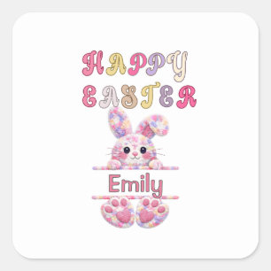Schattig meisje personaliseer Happy Pasen Konijn Vierkante Sticker