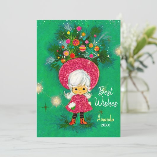  schattig meisje pet kerst nieuwjaar groet feestdagenkaart (Staand voorkant)