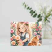 Schattig Meisje Picking Rozen met Ginger Cat Briefkaart (Staand voorkant)