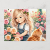Schattig Meisje Picking Rozen met Ginger Cat Briefkaart (Voorkant)