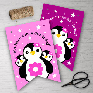 Schattig Meisje Pinguïns Roze Bloemen Verjaardag Vlaggetjes