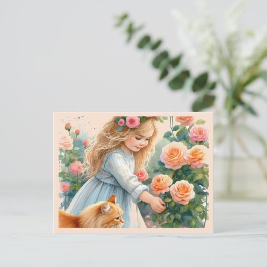 Schattig meisje plukken Rozen met haar kat Briefkaart (Staand voorkant)