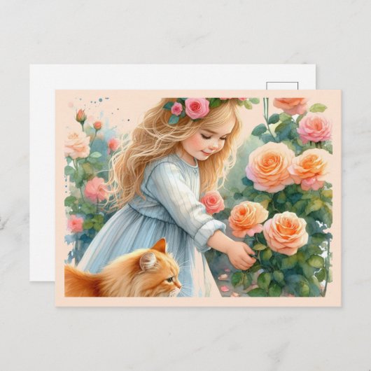 Schattig meisje plukken Rozen met haar kat Briefkaart (Voorkant / Achterkant)