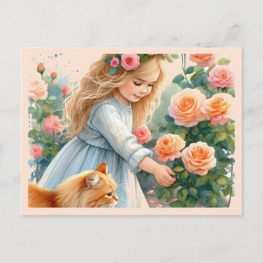 Schattig meisje plukken Rozen met haar kat Briefkaart (Voorkant)