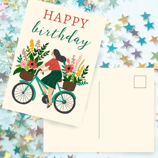 Schattig meisje rijdt op een fiets met bloemen Gel Briefkaart
