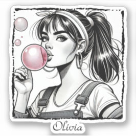 Schattig meisje roze bubbel, komische pret, zwart- sticker